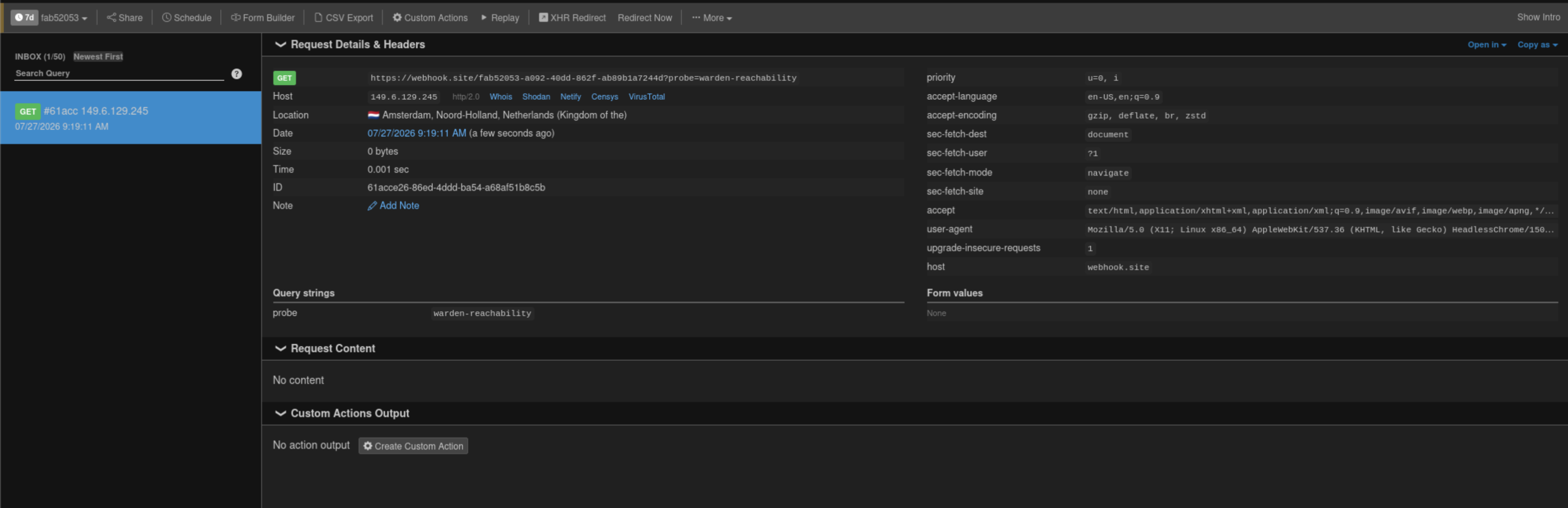 Webhook.site callback showing Warden GET request with HeadlessChrome user agent